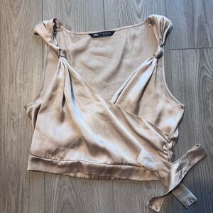Zara Light Beige Satin Knot-Shoulder Wrap Crop Top